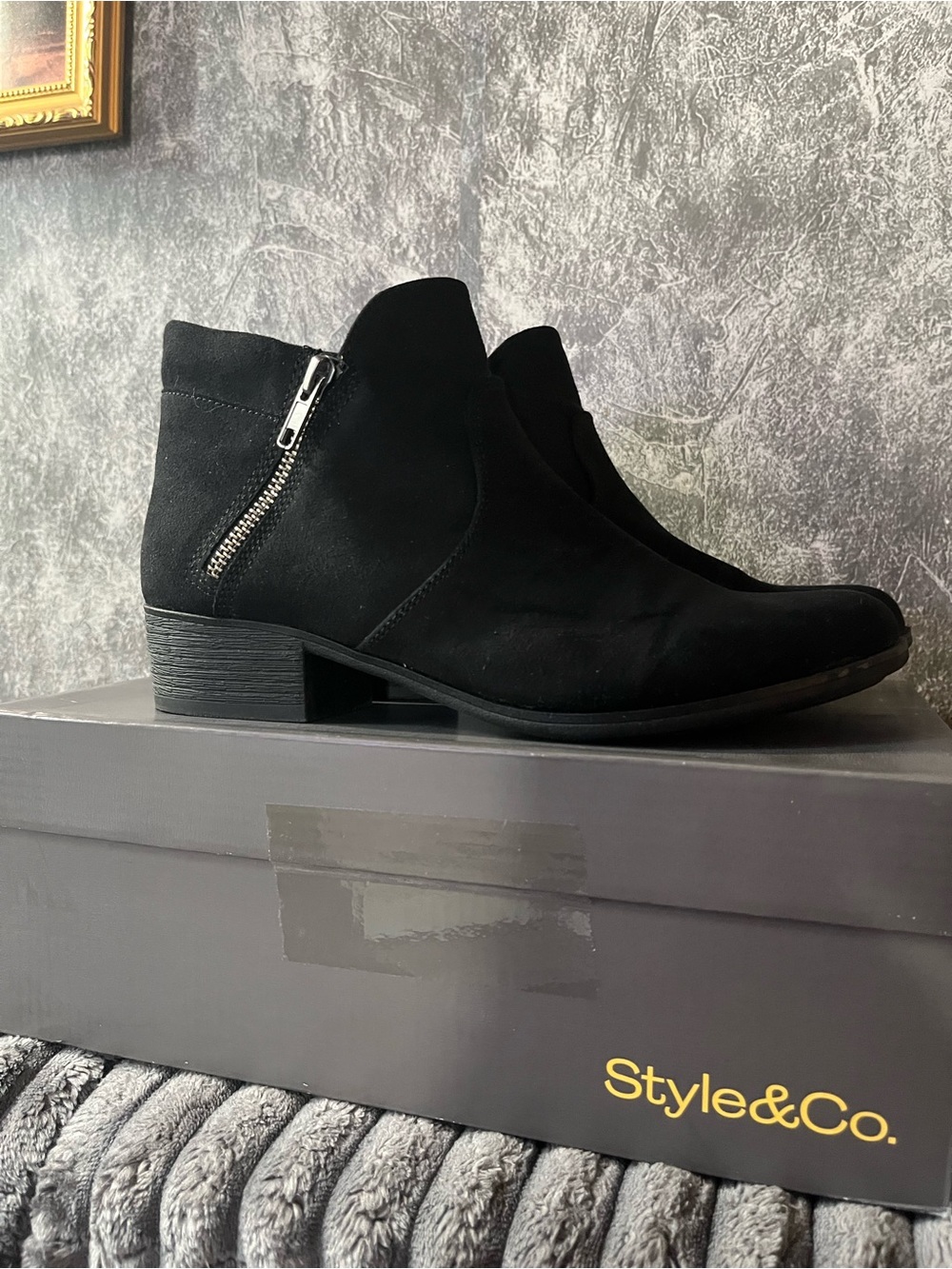 Style & Co. Black Suede Ankle Booties with Side Zip Western stitching
